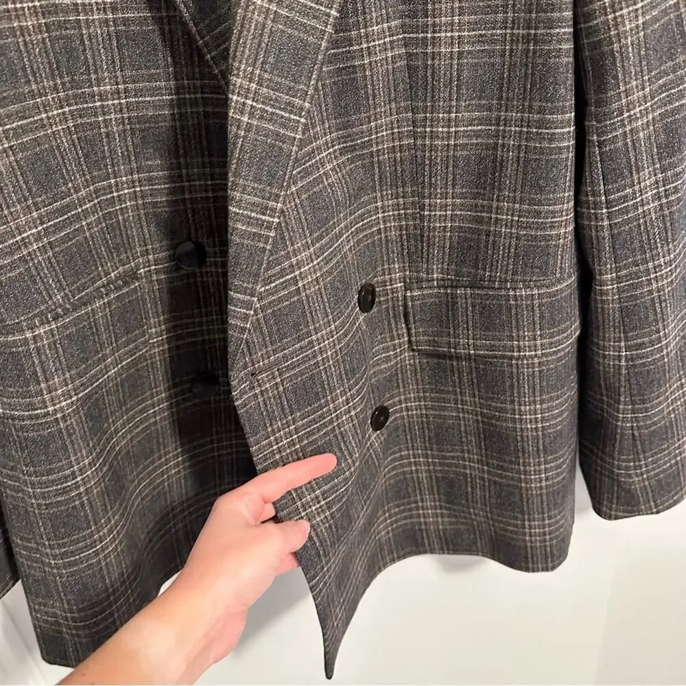 Theory Gray Plaid Wool Double Breasted Blazer Jacket 8